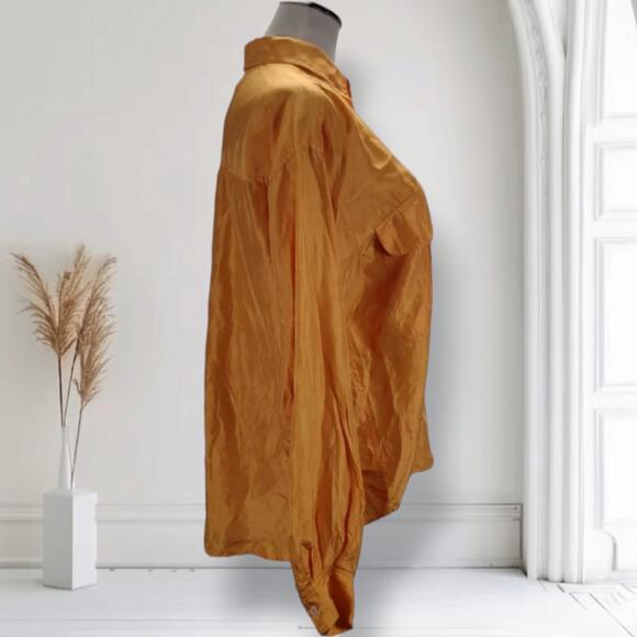Vintage 80s Basic Issue Silk Shirt Pumpkin Orange Oversized Button Up Blouse - Picture 2 of 12